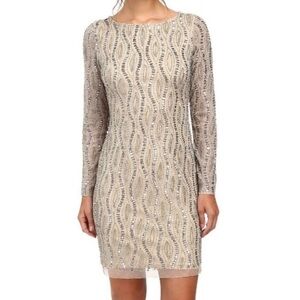 Adrianna Papell beaded cocktail dress, silver/nude